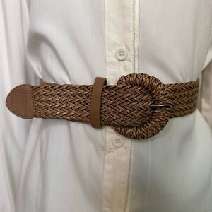 Brown braided PU leather elastic waistband skinny belt